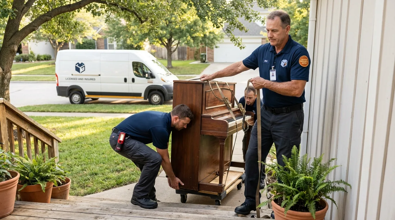 Licensed piano movers securing grand piano in Owings, MD