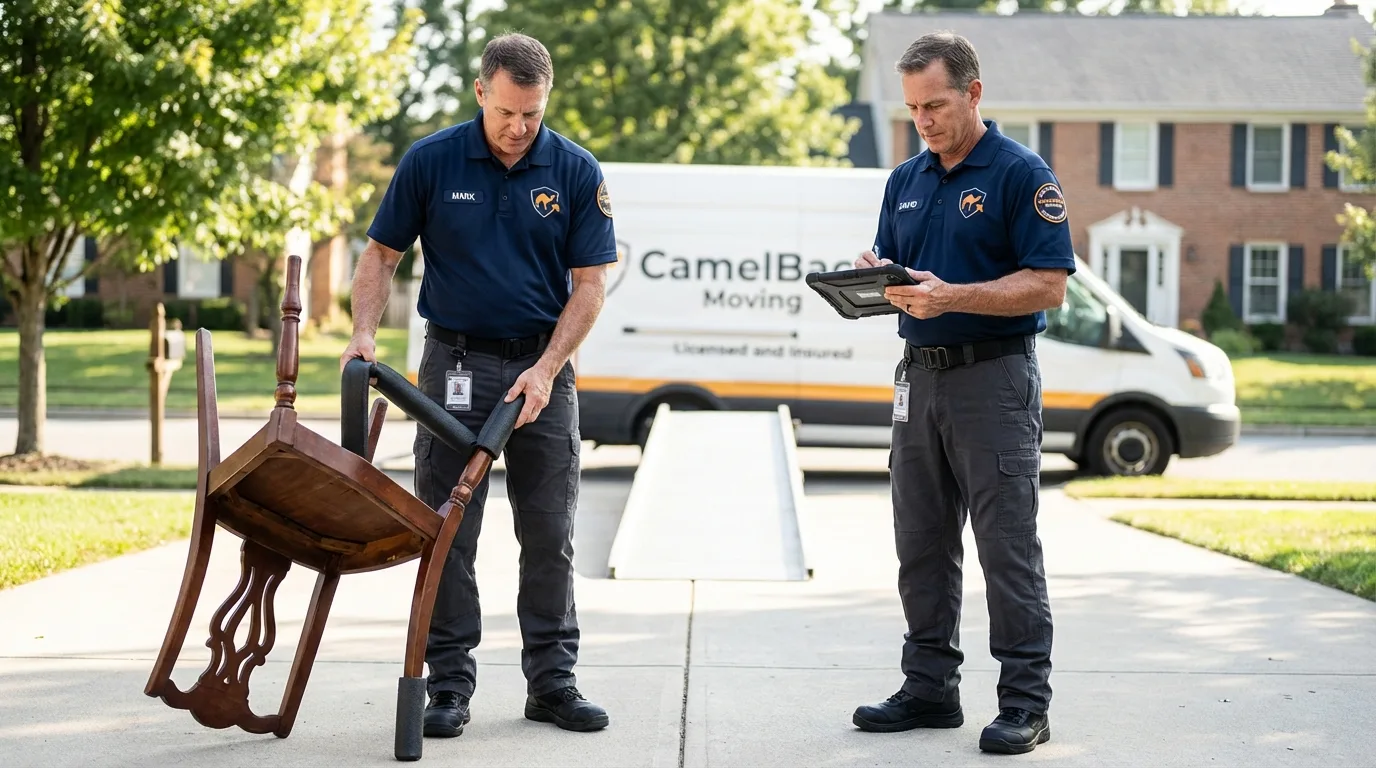 Movers inspecting furniture for damage prevention before loading in Owings, MD