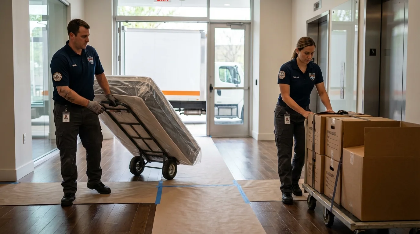 Professional apartment movers loading elevator in Owings, MD
